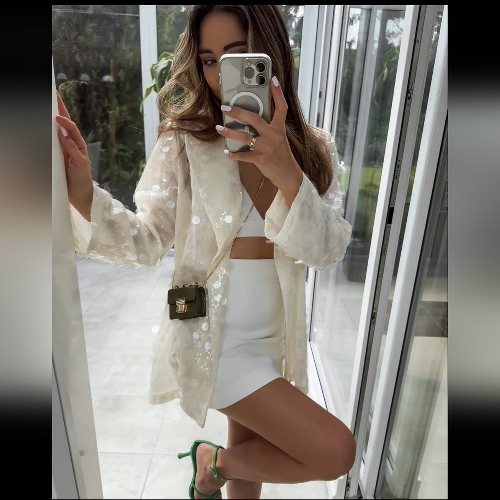 ZARA SEQUIN OPEN FRONT BLAZER Size S Cream - Picture 7 of 16